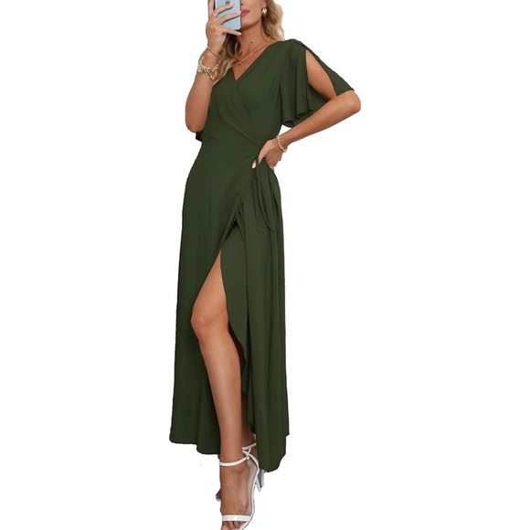 Deep Self Womens V Neck Short Sleeve Split Wrap Maxi Dress Waist - Picture 3 of 10